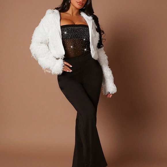 White Preppy Womens Solid Open Front Fuzzy Coat - Picture 4 of 5